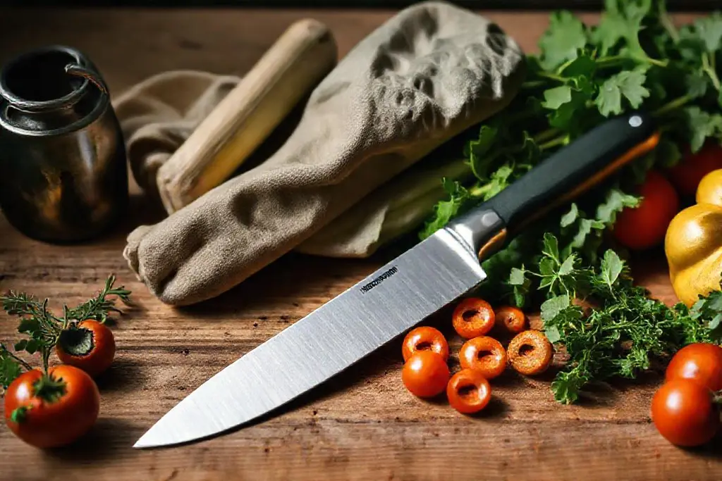 Kompaktes Erntemesser für Gemüse liegt neben frisch geschnittenem Erntegut auf dem Holzrand eines Hochbeets